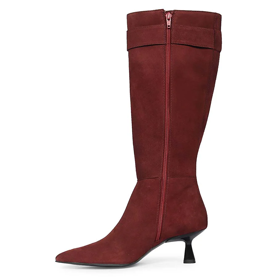 Saint Valeria Crystal Buckle Bordo Suede Leather Long Boots - Image 4