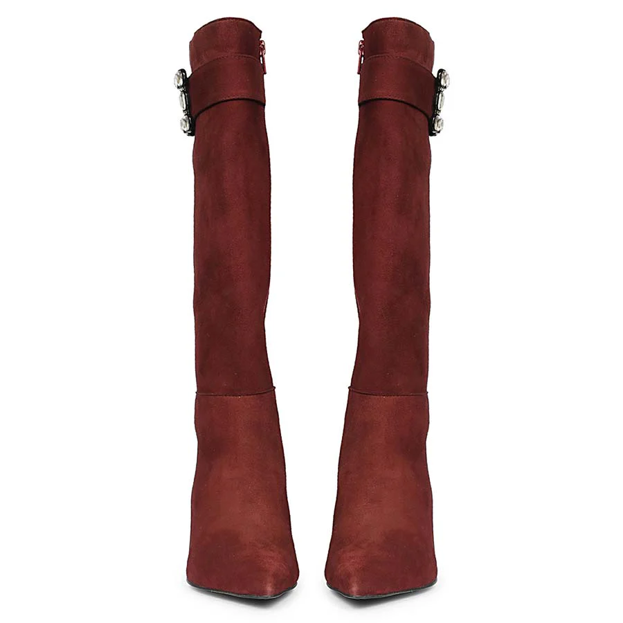 Saint Valeria Crystal Buckle Bordo Suede Leather Long Boots - Image 5