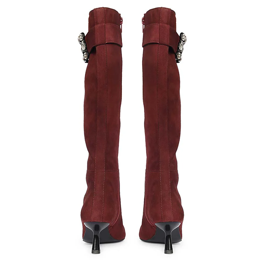 Saint Valeria Crystal Buckle Bordo Suede Leather Long Boots - Image 6