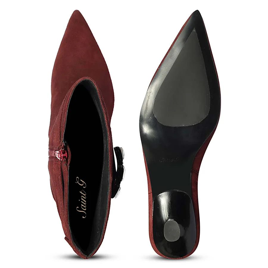 Saint Valeria Crystal Buckle Bordo Suede Leather Long Boots - Image 8