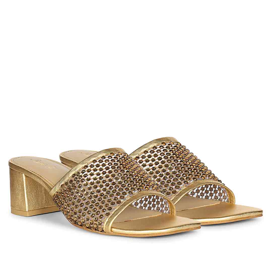Saint Valisa Crystal Gold Leather Block Heels - Image 3