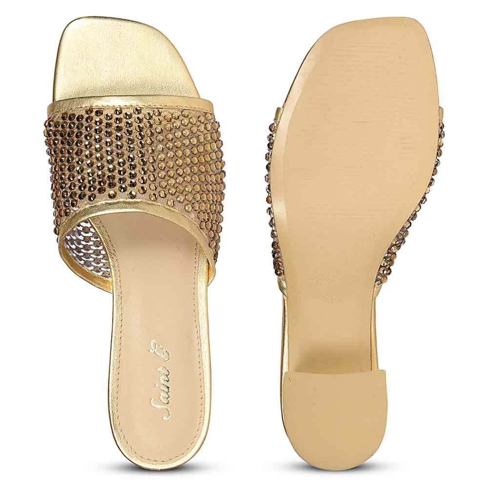 Saint Valisa Crystal Gold Leather Block Heels - Image 7
