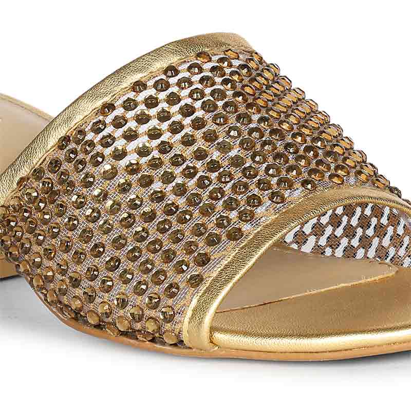 Saint Valisa Crystal Gold Leather Block Heels - Image 8