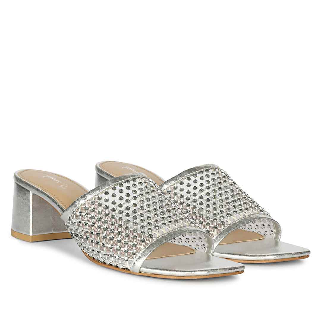 Saint Valisa Crystal Silver Leather Block Heels - Image 3