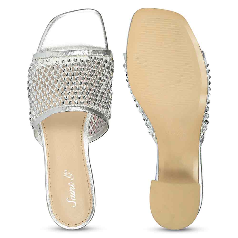 Saint Valisa Crystal Silver Leather Block Heels - Image 7