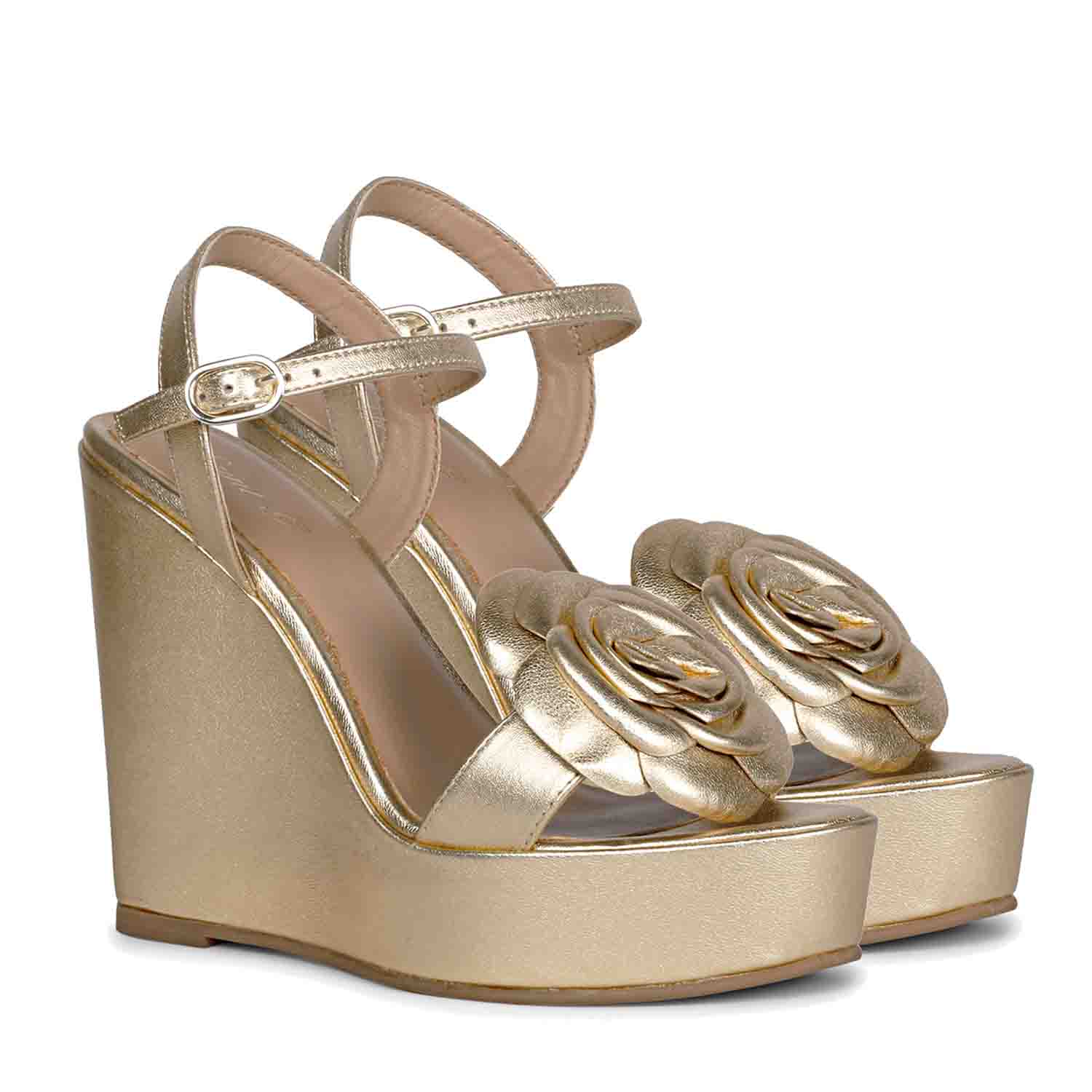 Saint Vanessa Gold Metallic Leather Floral Wedge Heels - Image 3
