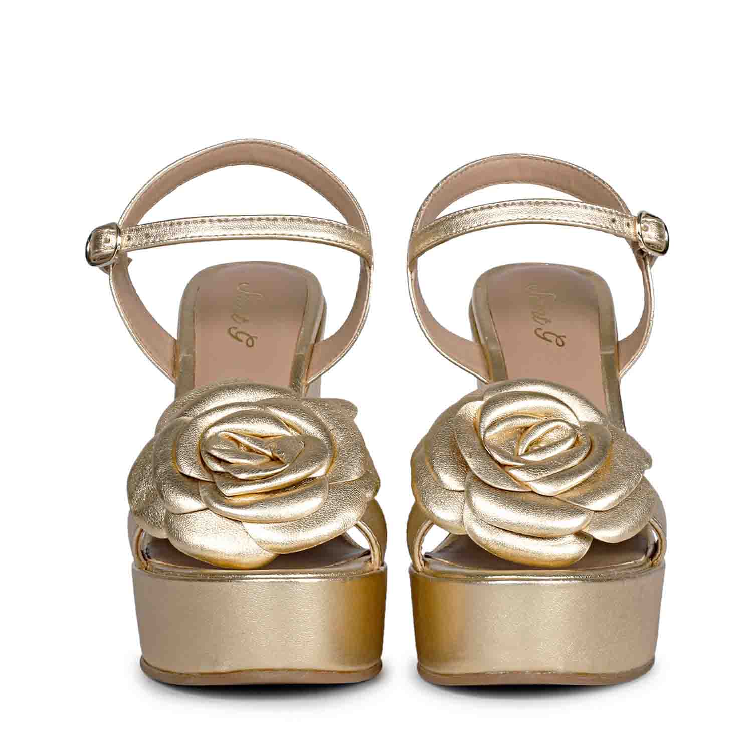Saint Vanessa Gold Metallic Leather Floral Wedge Heels - Image 5