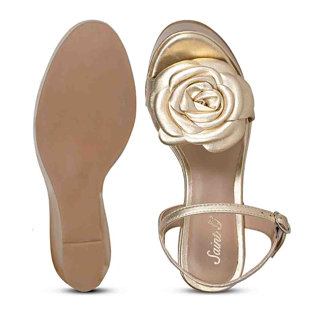Saint Vanessa Gold Metallic Leather Floral Wedge Heels - Image 7