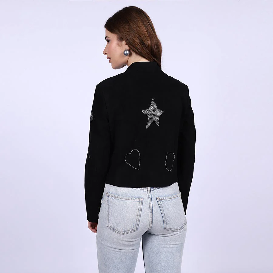 Saint Venessa Stone Embossed Black Leather Women Biker Jackets - Image 3