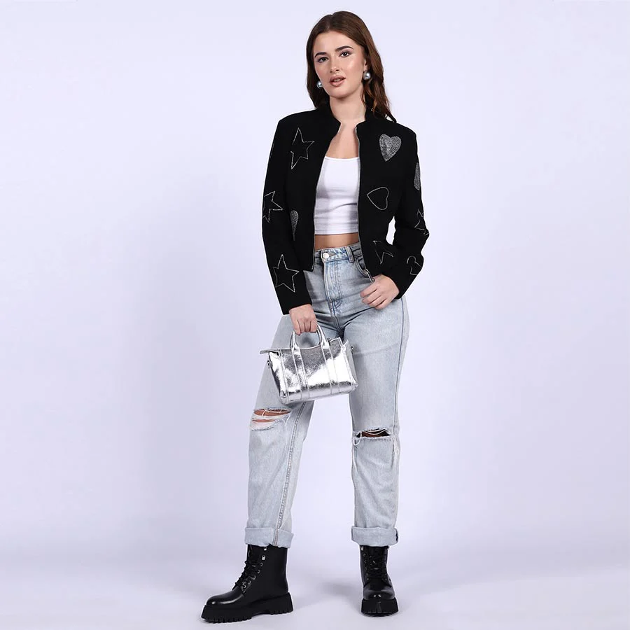 Saint Venessa Stone Embossed Black Leather Women Biker Jackets - Image 4