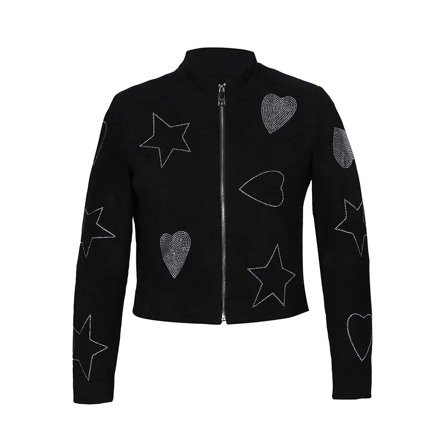 Saint Venessa Stone Embossed Black Leather Women Biker Jackets - Image 5