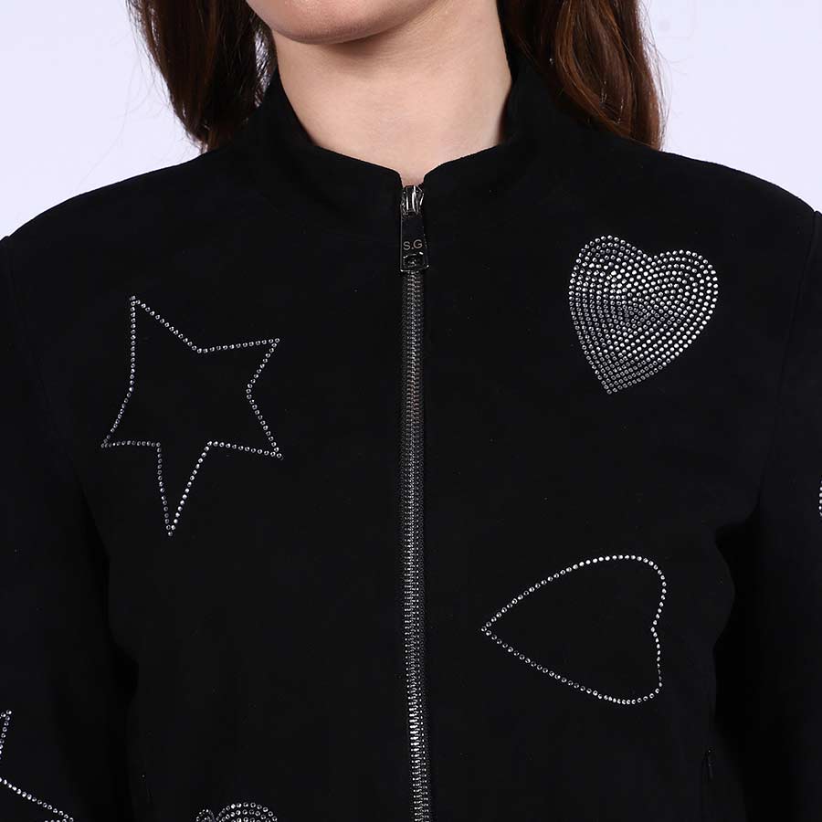 Saint Venessa Stone Embossed Black Leather Women Biker Jackets - Image 6