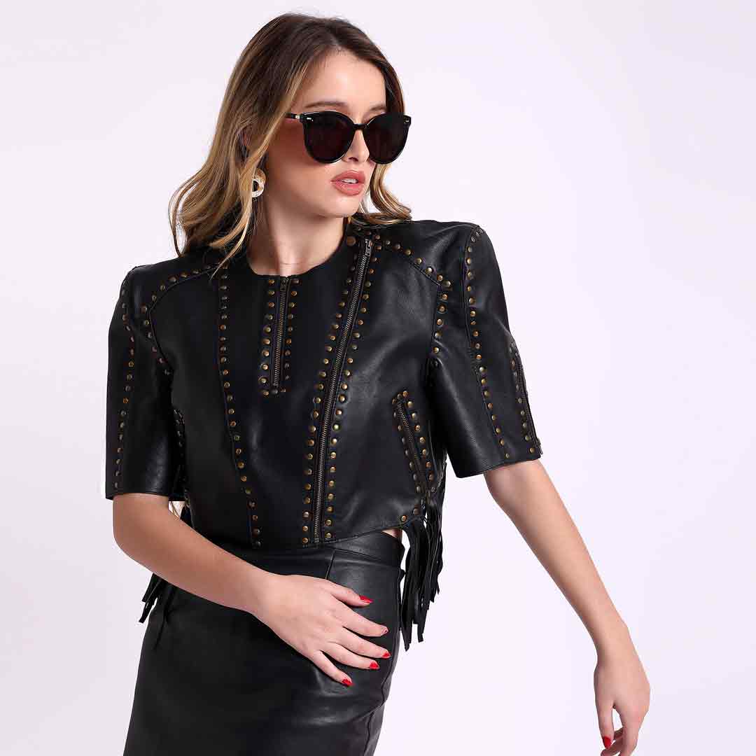 Saint Vera Metal Studded Fringed Leather Short Jacket - Image 3