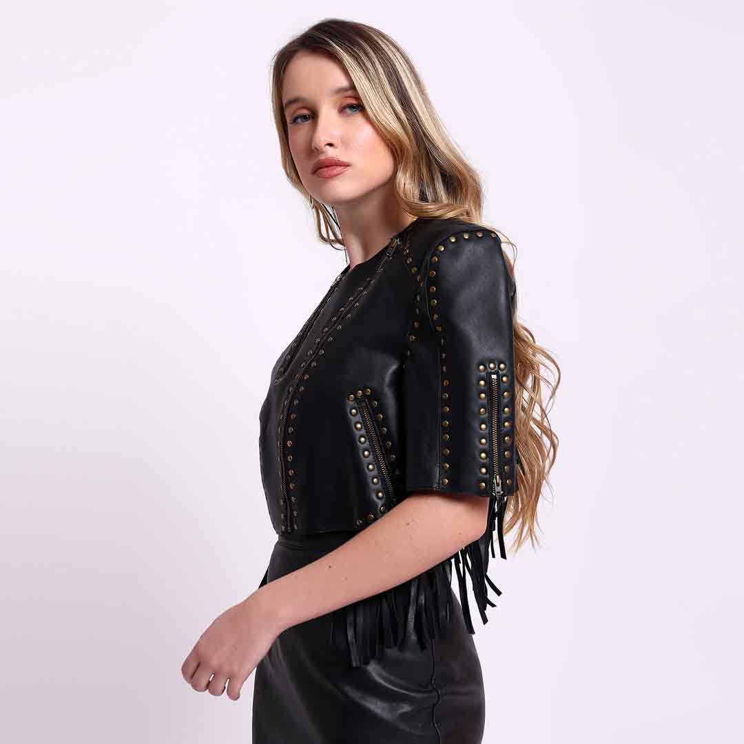 Saint Vera Metal Studded Fringed Leather Short Jacket - Image 4