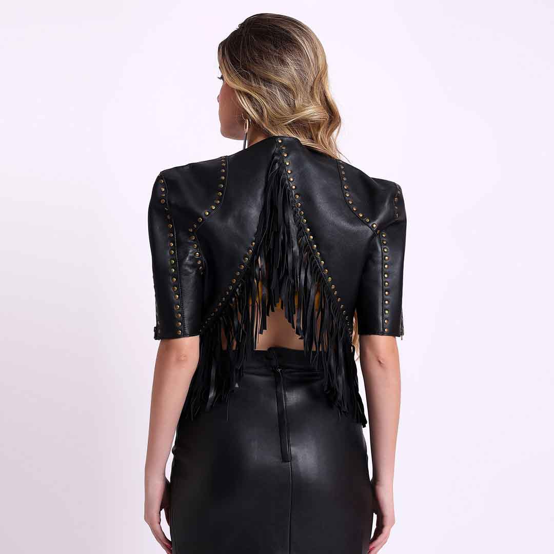 Saint Vera Metal Studded Fringed Leather Short Jacket - Image 5