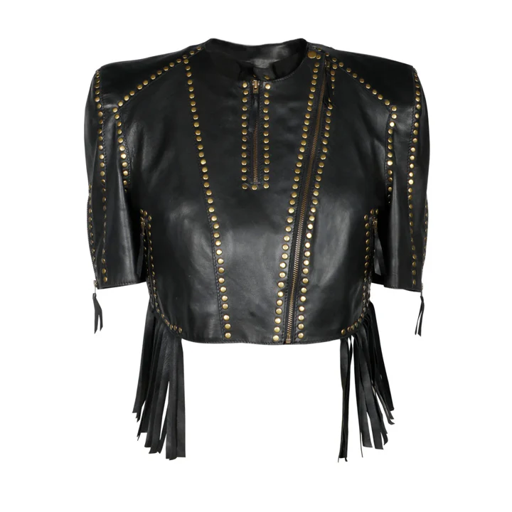 Saint Vera Metal Studded Fringed Leather Short Jacket - Image 6