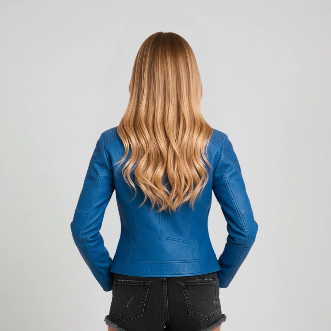 Saint Veronique Blue Leather Zip-Up Women Cafe Racer Jackets - Image 4