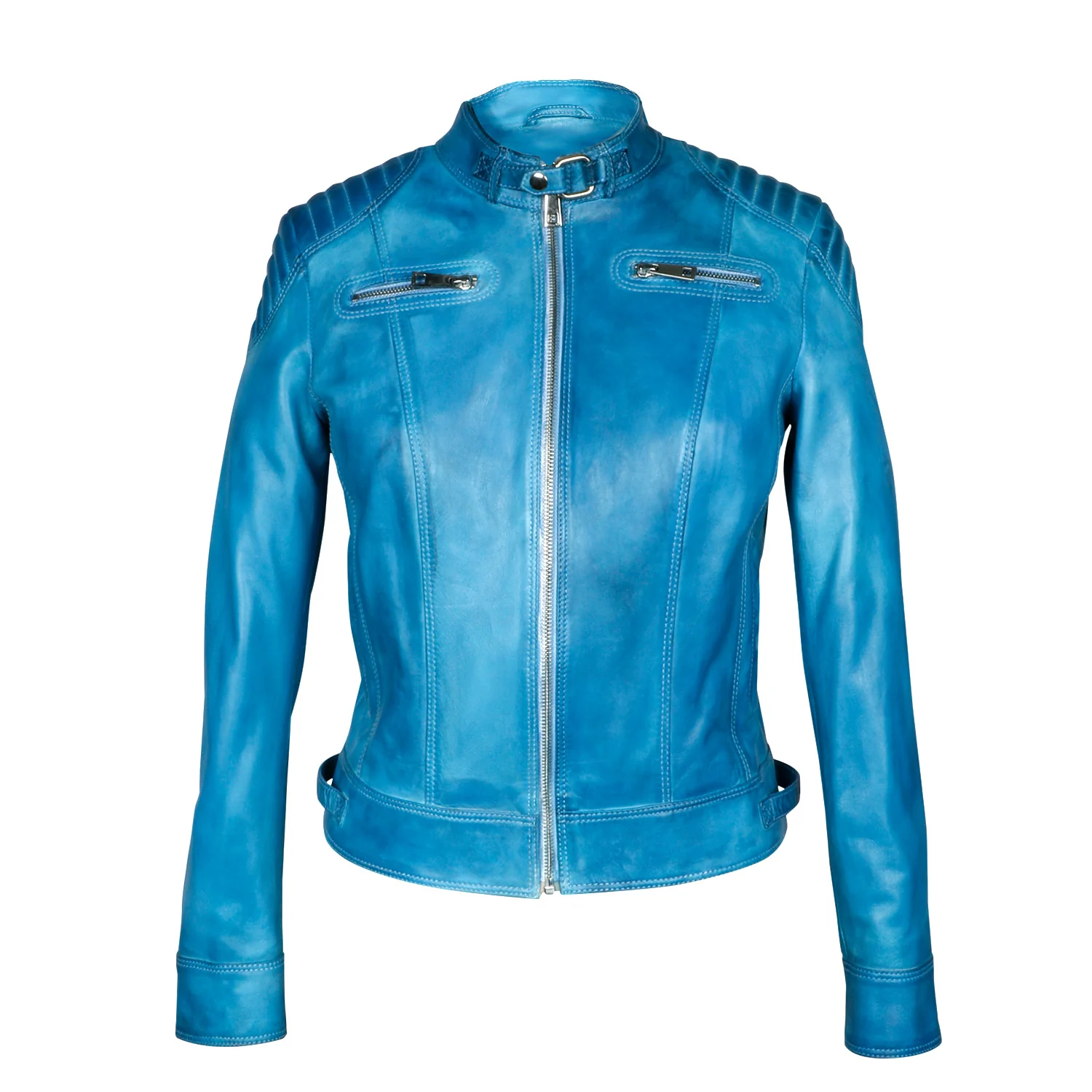 Saint Veronique Blue Leather Zip-Up Women Cafe Racer Jackets - Image 5