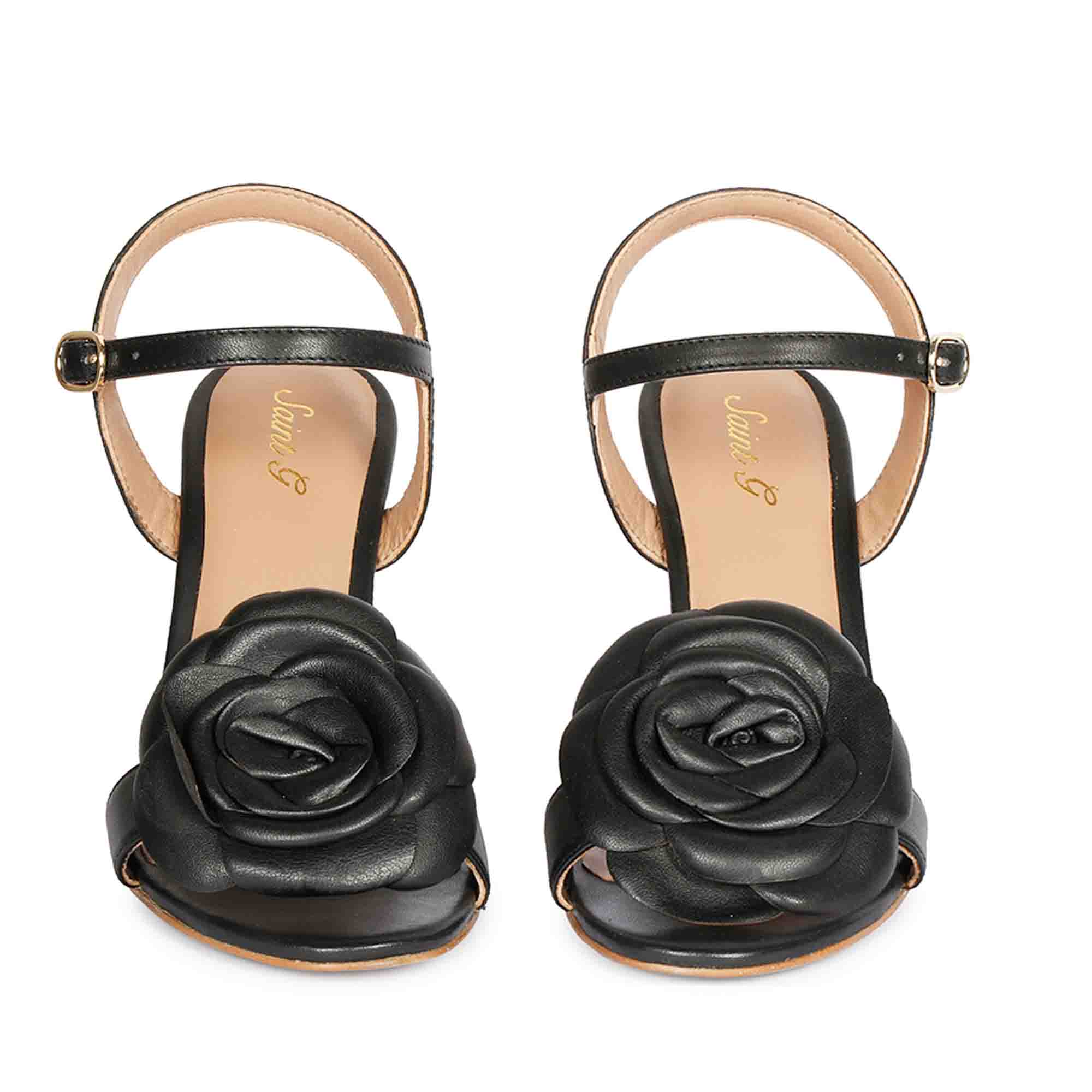 Saint Veronique Flower Embellished Black Leather Stilettos - Image 4