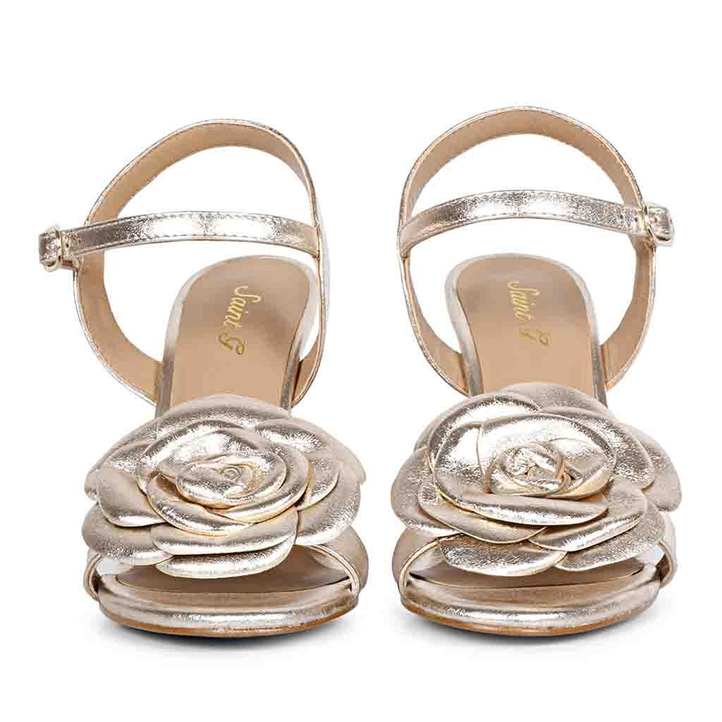 Saint Veronique Flower Embellished Gold Metallic Leather Stilettos - Image 5