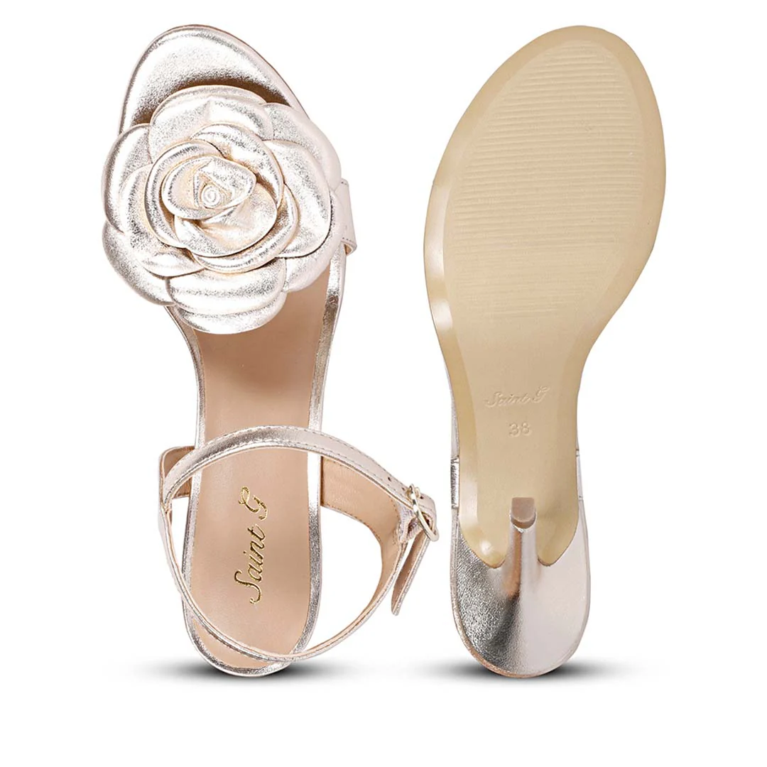 Saint Veronique Flower Embellished Gold Metallic Leather Stilettos - Image 7