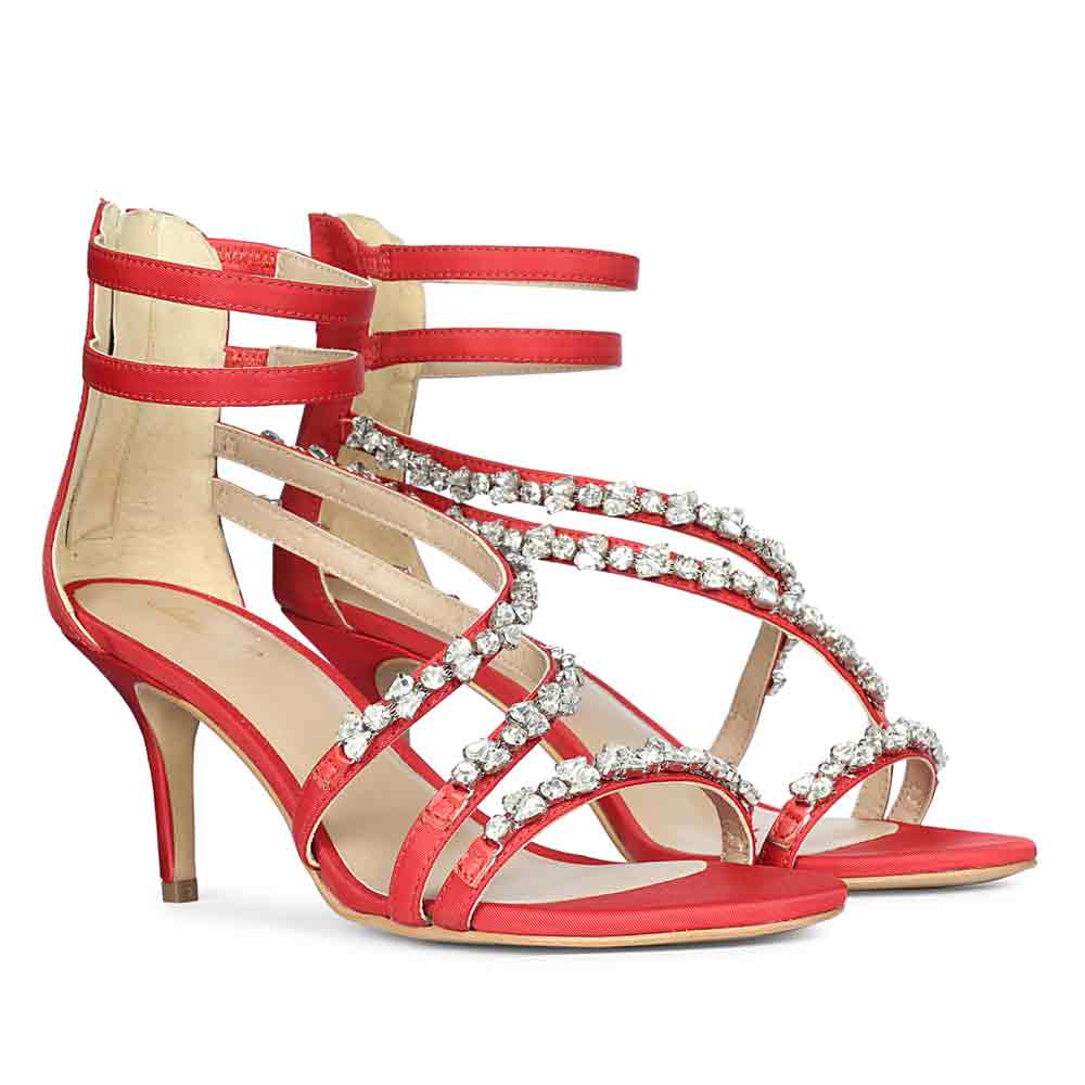 Saint Vittoria Stone Embellished Red Strappy Stilettos - Image 3