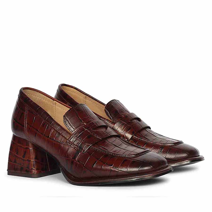 Saint Viviana Croc Embossed Chocolate Leather Moccasins - Image 2