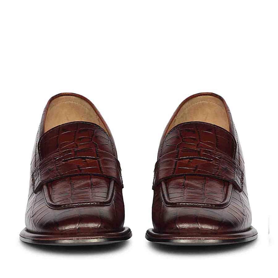 Saint Viviana Croc Embossed Chocolate Leather Moccasins - Image 3