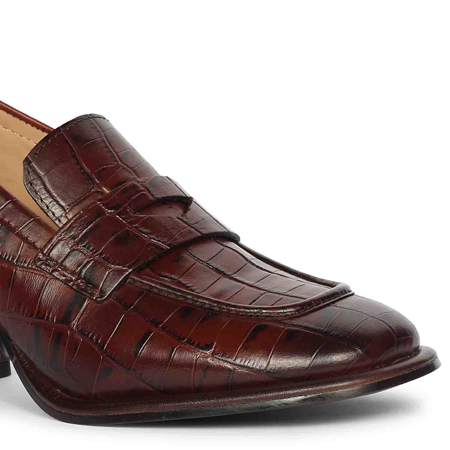Saint Viviana Croc Embossed Chocolate Leather Moccasins - Image 6