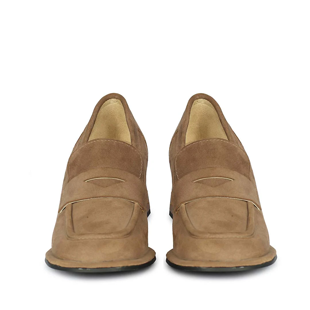 Saint Viviana Dark Taupe Suede Leather Block Heel Moccasins - Image 4