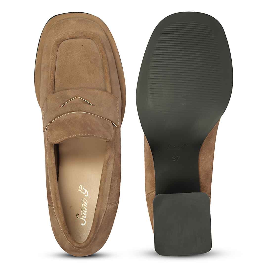 Saint Viviana Dark Taupe Suede Leather Block Heel Moccasins - Image 6