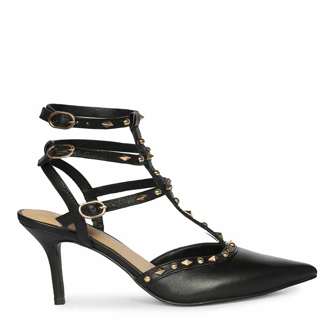 Saint Vorela Studded Multi Strap Black Leather Heels