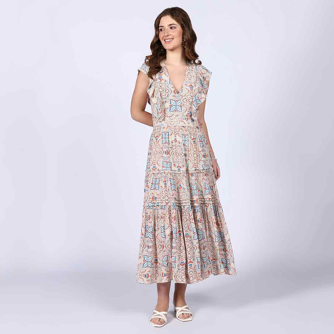 Saint Womens Beige Multicolour Printed Midi Dress - Image 2