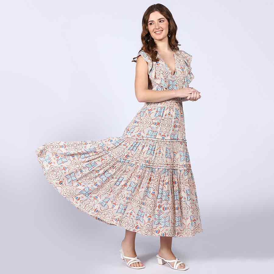 Saint Womens Beige Multicolour Printed Midi Dress - Image 3