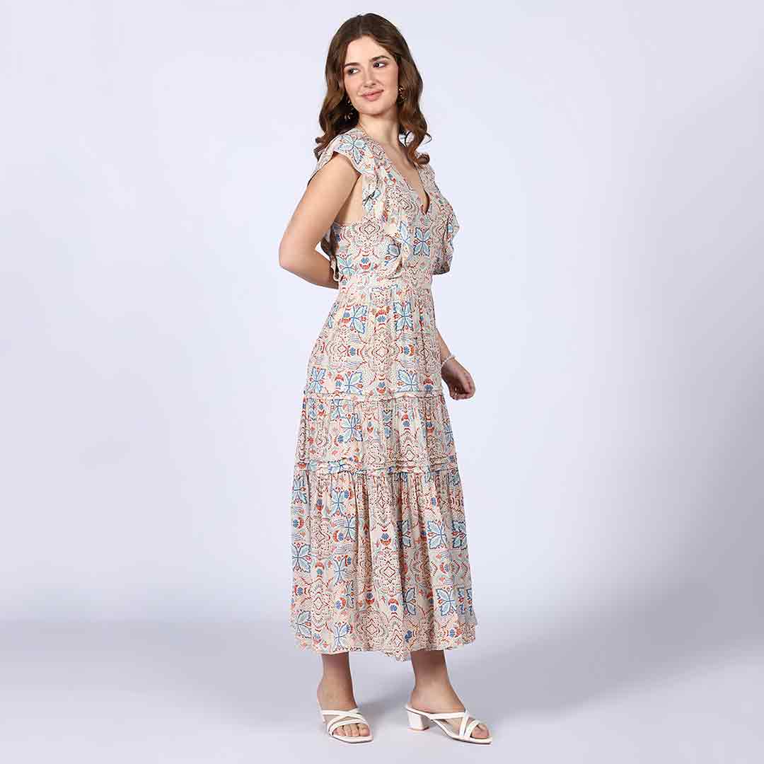 Saint Womens Beige Multicolour Printed Midi Dress - Image 6