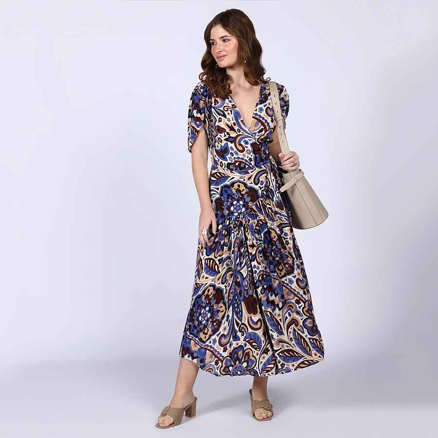 Saint Womens Blue Deep V-Neck Viscose Dress - Image 4