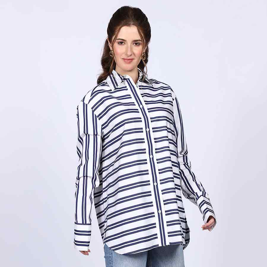 Saint Womens Blue Stripe Cotton Shirt - Image 3