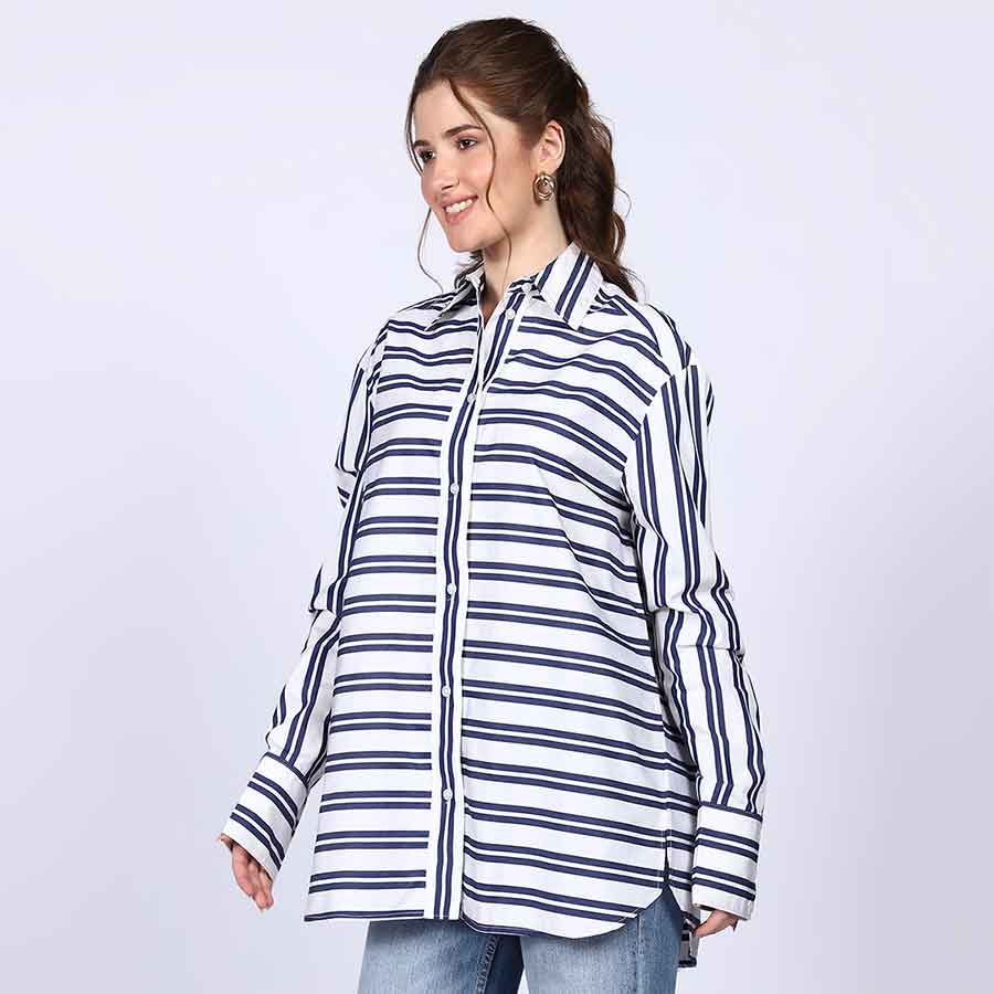 Saint Womens Blue Stripe Cotton Shirt - Image 5