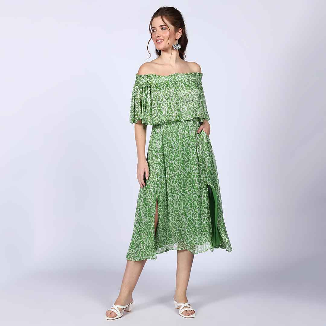 Saint Womens Green off- Shoulder Midi Dress - Image 4