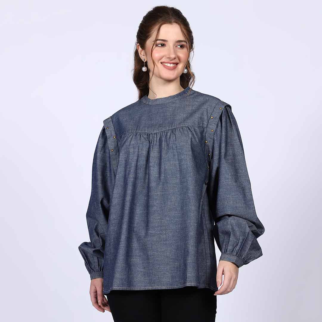 Saint Womens Grey Cotton Chambray Top - Image 2