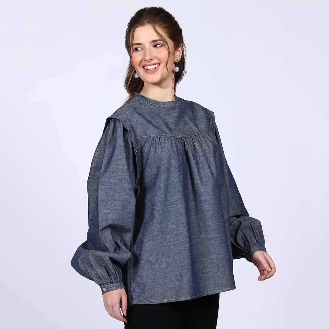 Saint Womens Grey Cotton Chambray Top - Image 3