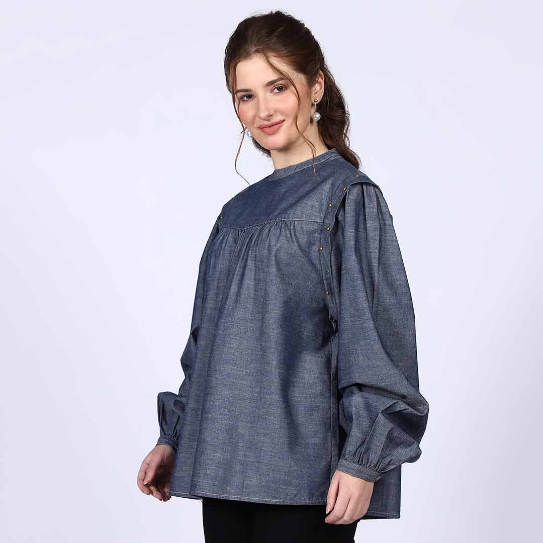 Saint Womens Grey Cotton Chambray Top - Image 5