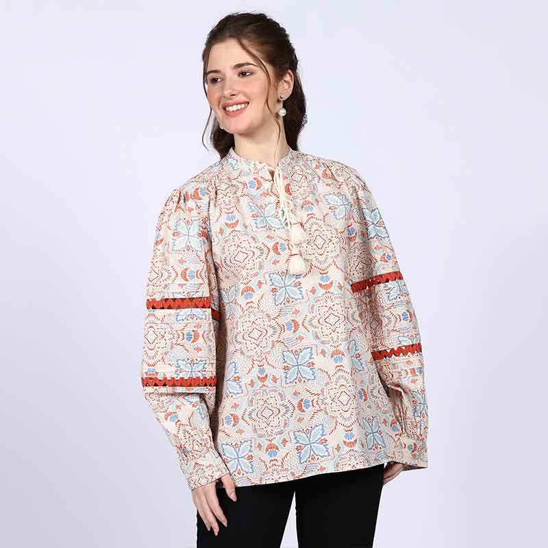 Saint Womens Ivory Multicolour Cotton Poplin Top - Image 6