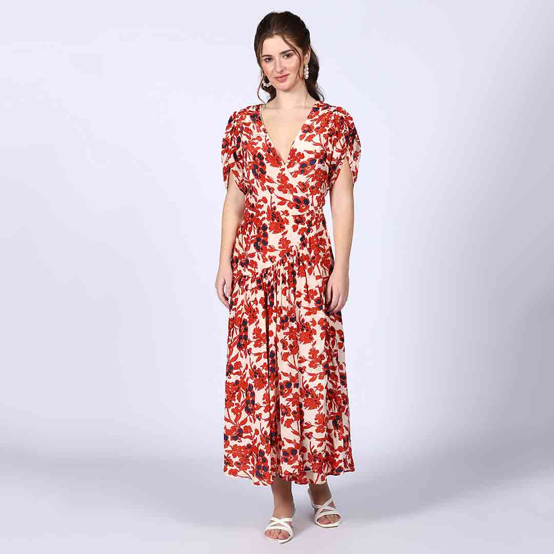 Saint Womens Ivory Red Deep V-Neck Viscose Dress - Image 2