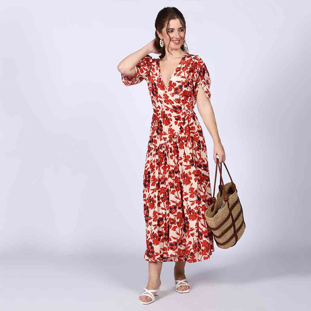Saint Womens Ivory Red Deep V-Neck Viscose Dress - Image 3