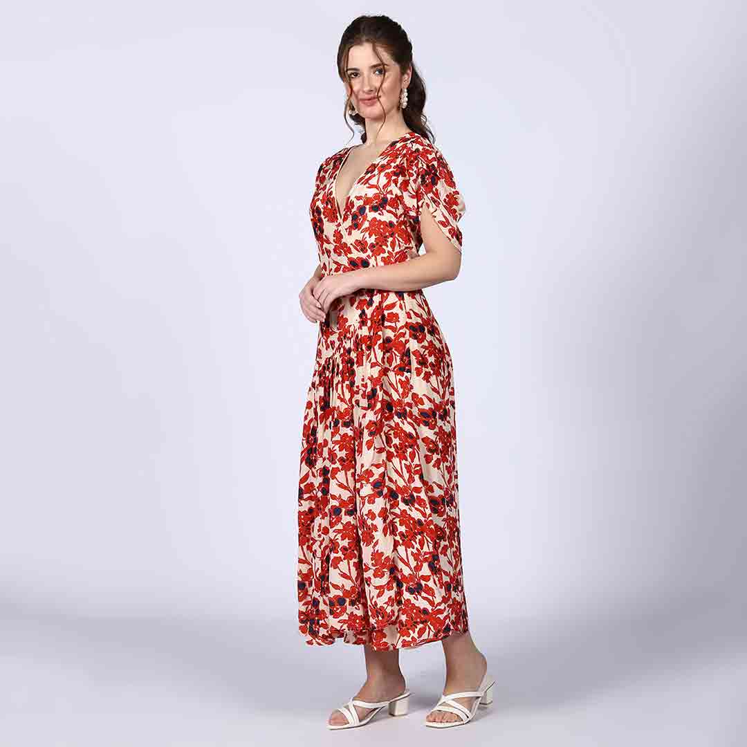 Saint Womens Ivory Red Deep V-Neck Viscose Dress - Image 4