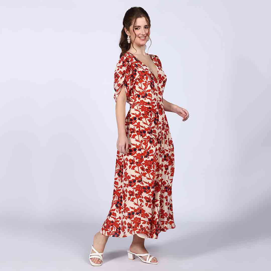 Saint Womens Ivory Red Deep V-Neck Viscose Dress - Image 6