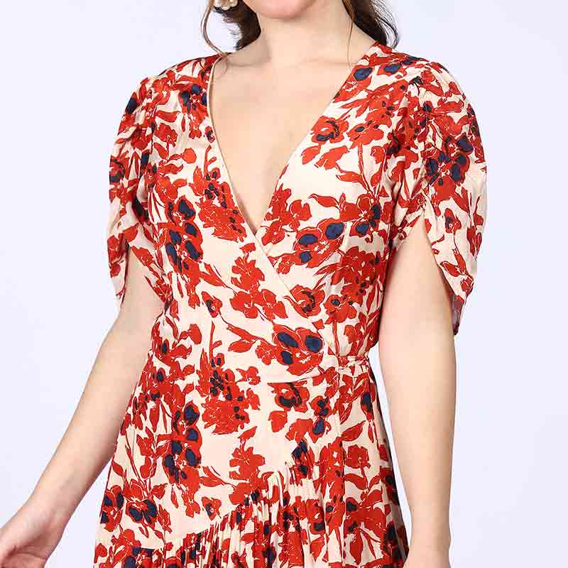 Saint Womens Ivory Red Deep V-Neck Viscose Dress - Image 8