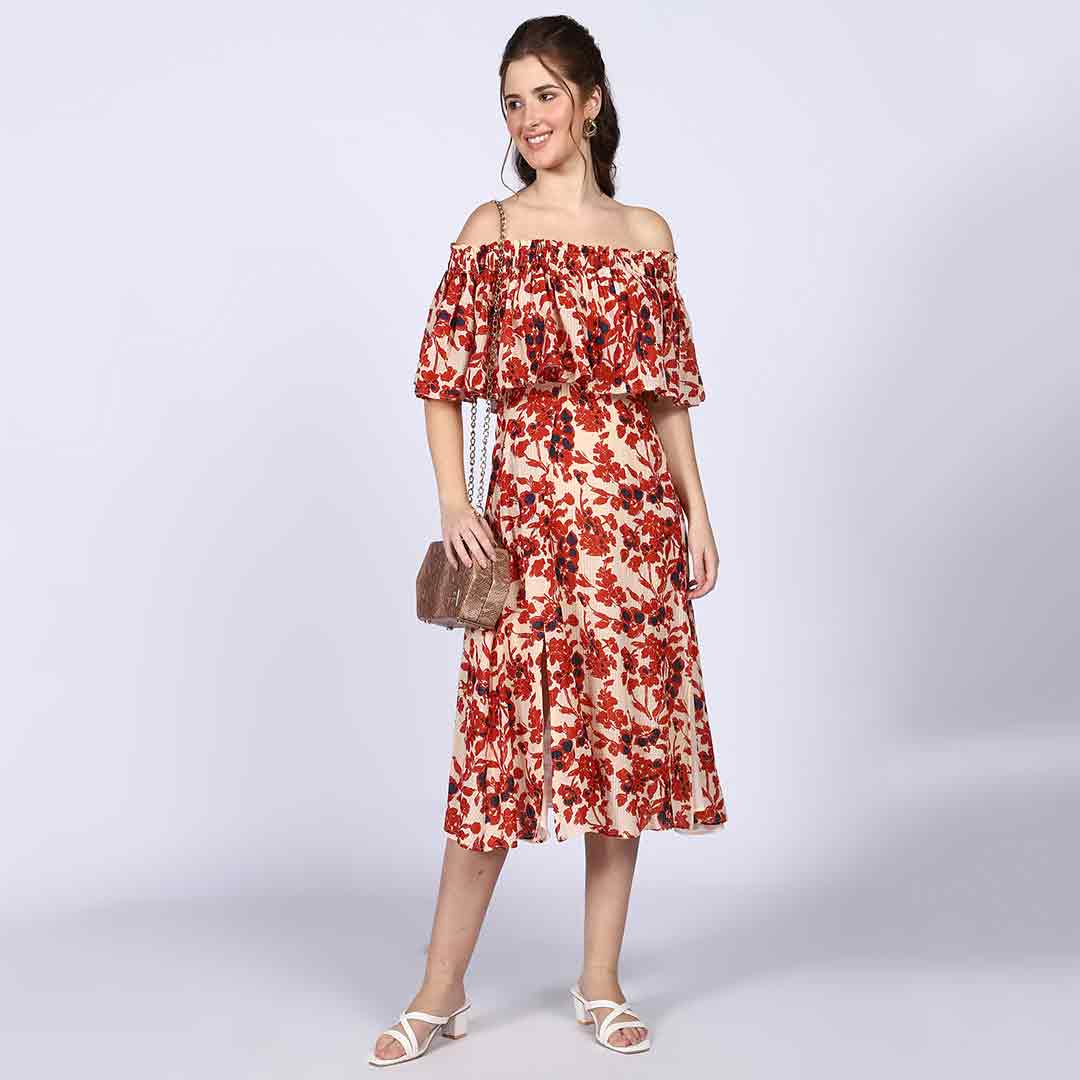 Saint Womens Ivory Red Off-Shoulder Midi Dress - Image 2
