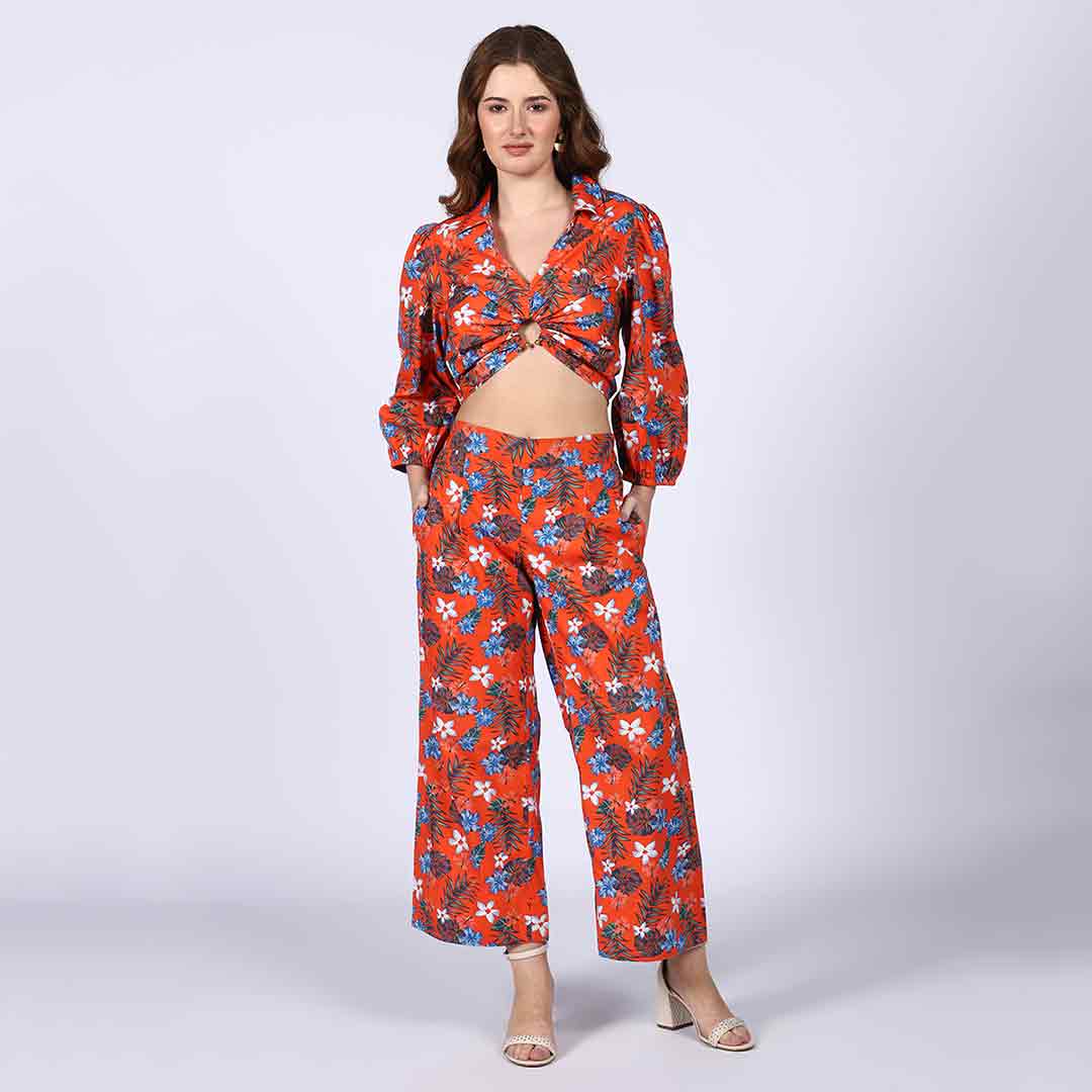 Saint Womens Orange Floral Cotton Poplin Co-ord Set - Image 2